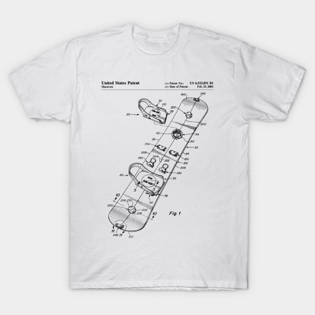 Snowboard Patent - Snowboarding Art - Black And White T-Shirt by patentpress